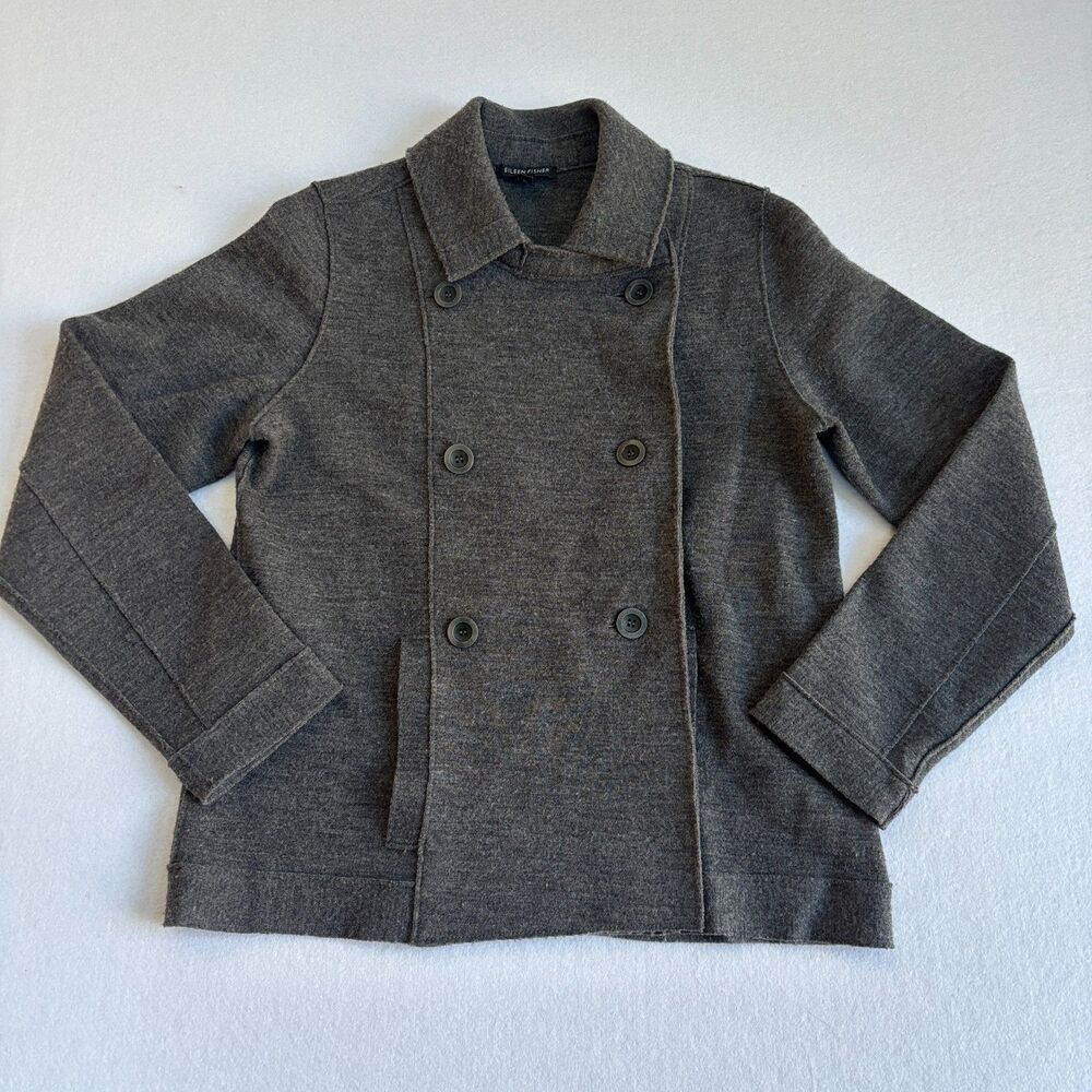 Eileen Fisher Merino Wool Jacket Peacoat Women's S Gray Double Breasted Preppy